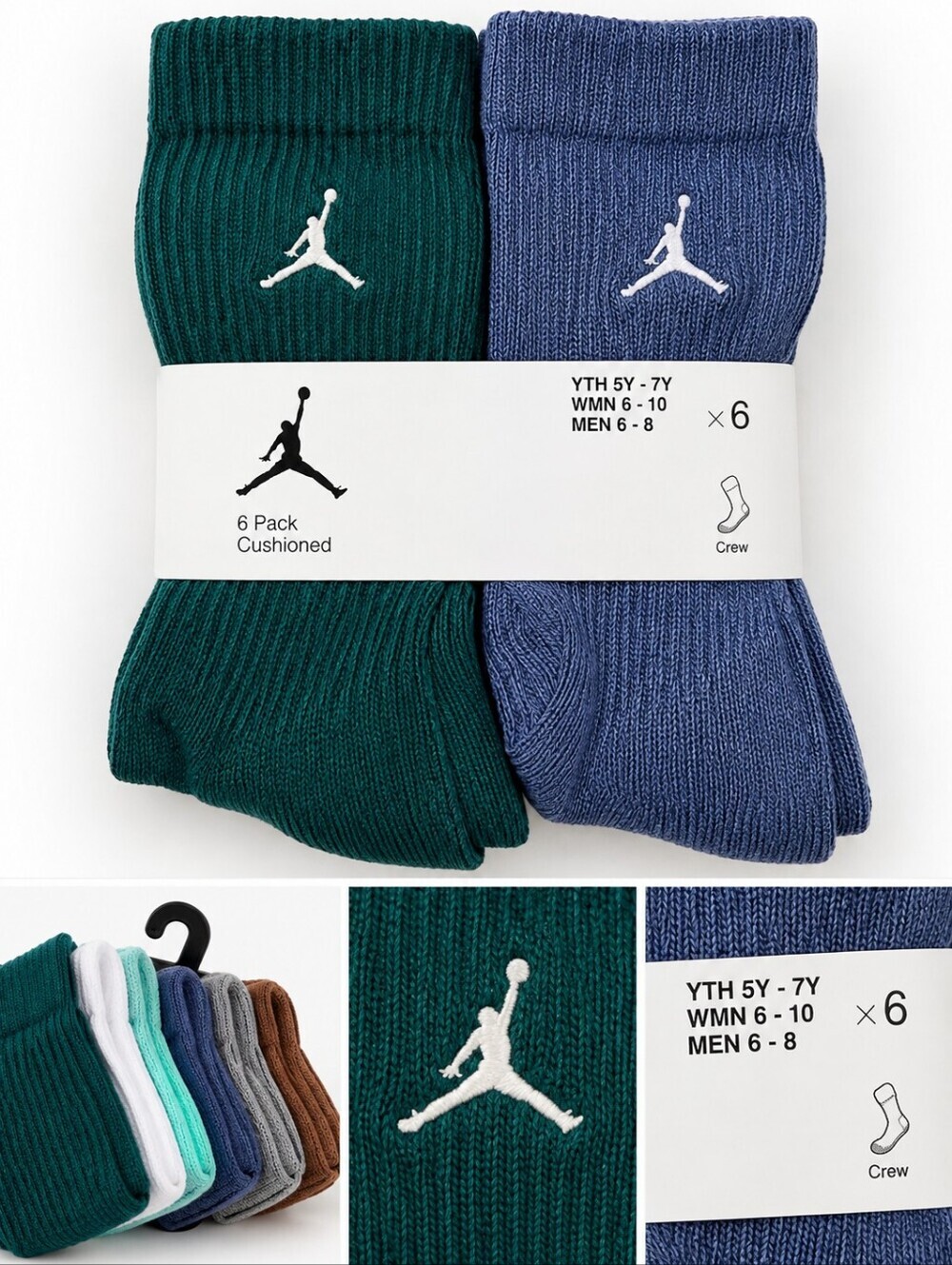 Jordan 6-Pack Cushioned Crew Socks in Teal & Slate Blue